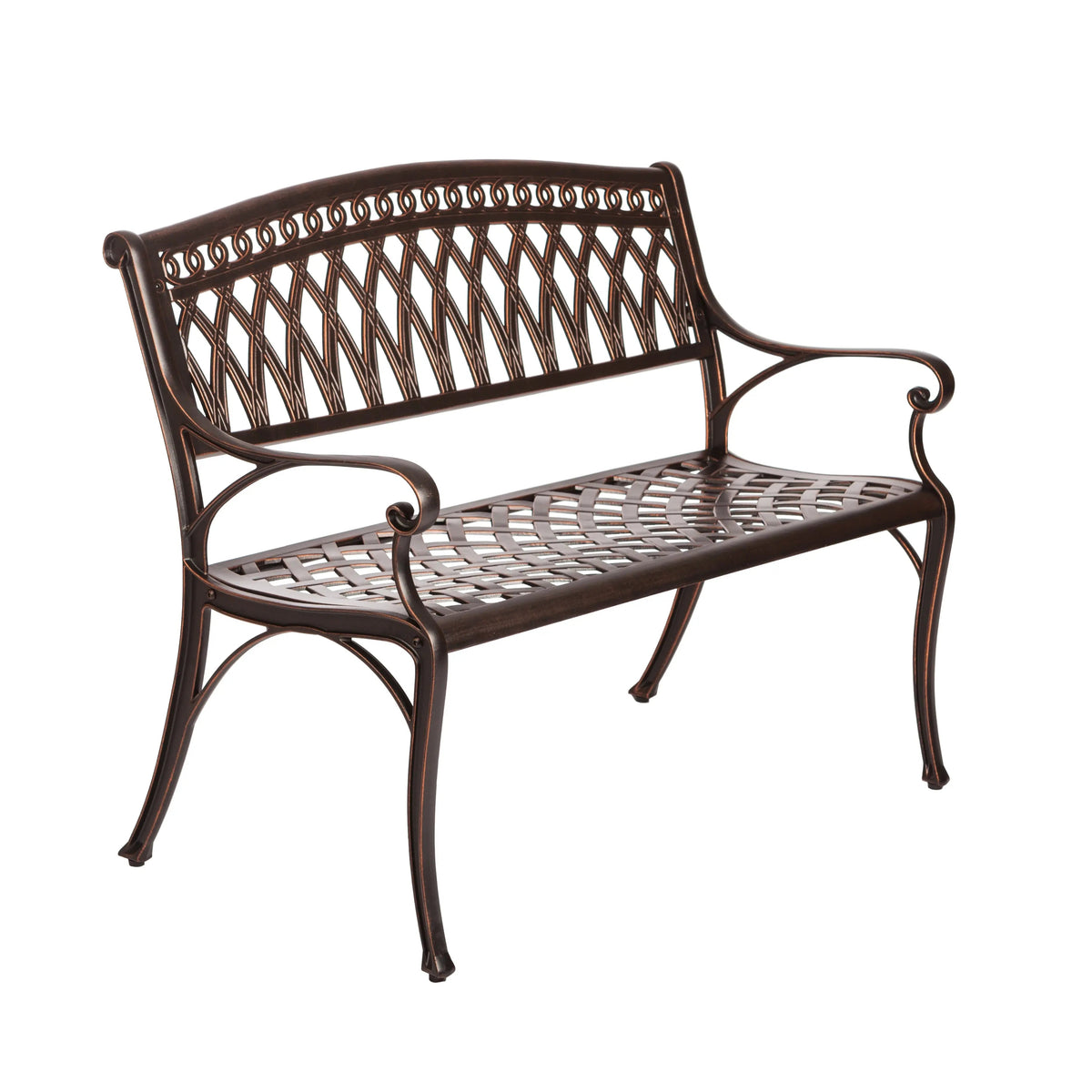 Simone Cast Aluminum Bench outdoor bench in dark bronze with scroll-back design on Tampa Home & Garden Store