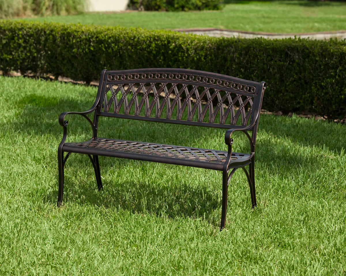 Simone Cast Aluminum Bench, dark bronze finish with lattice back and curved arms on Tampa Home & Garden Store
