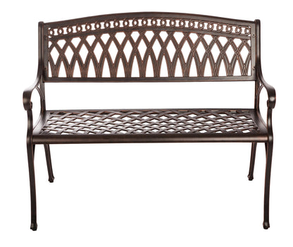 Simone Cast Aluminum Bench Fire Sense brown finish with lattice seat and scroll arms on Tampa Home & Garden Store