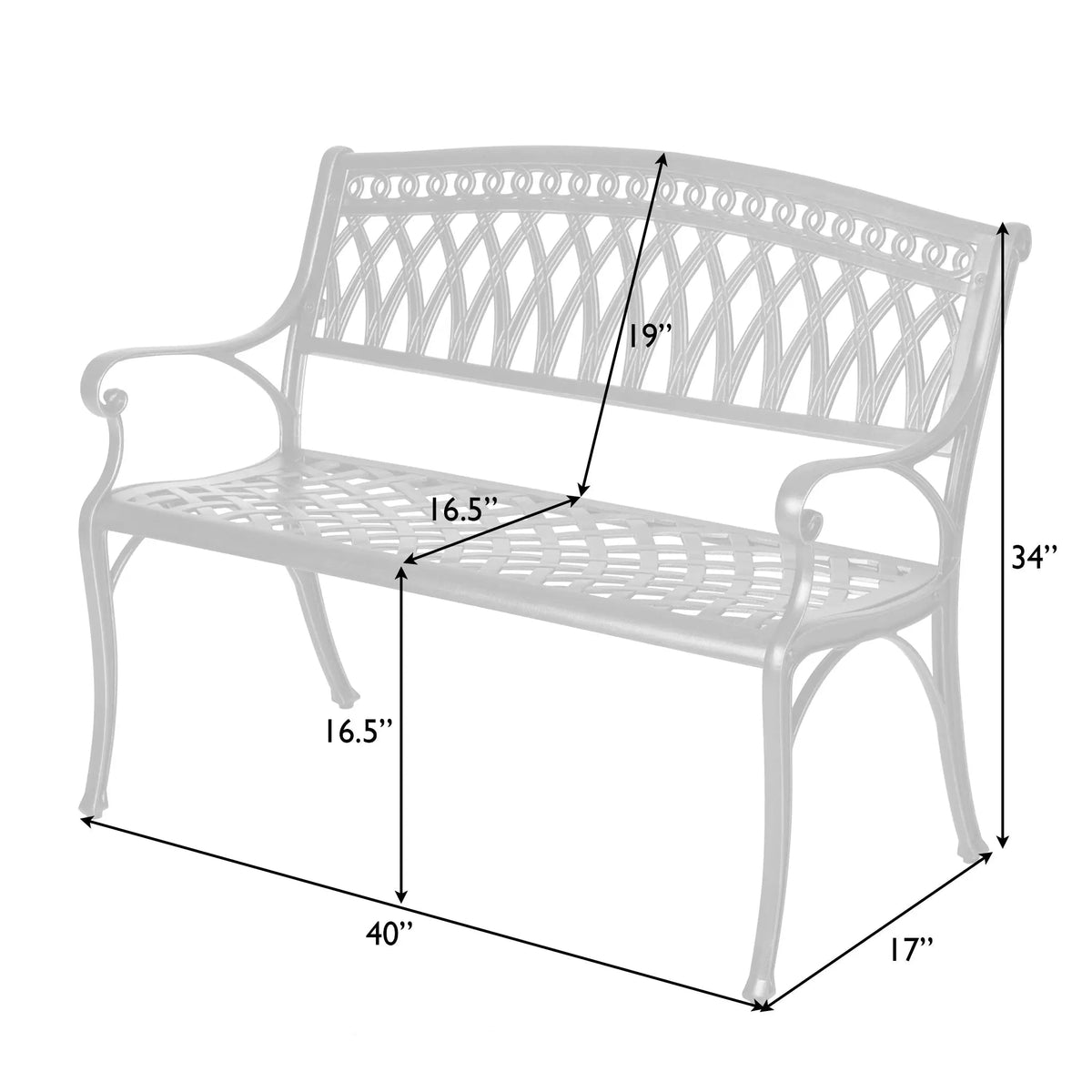 Simone Cast Aluminum Outdoor Bench by Fire Sense, lattice back, curved arms, 40 in long on Tampa Home & Garden Store