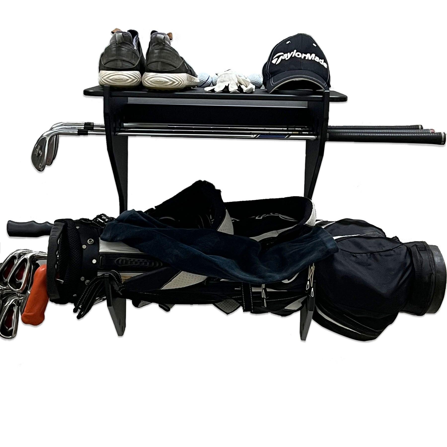 single golf bag storage rack with shelf for wall mounting