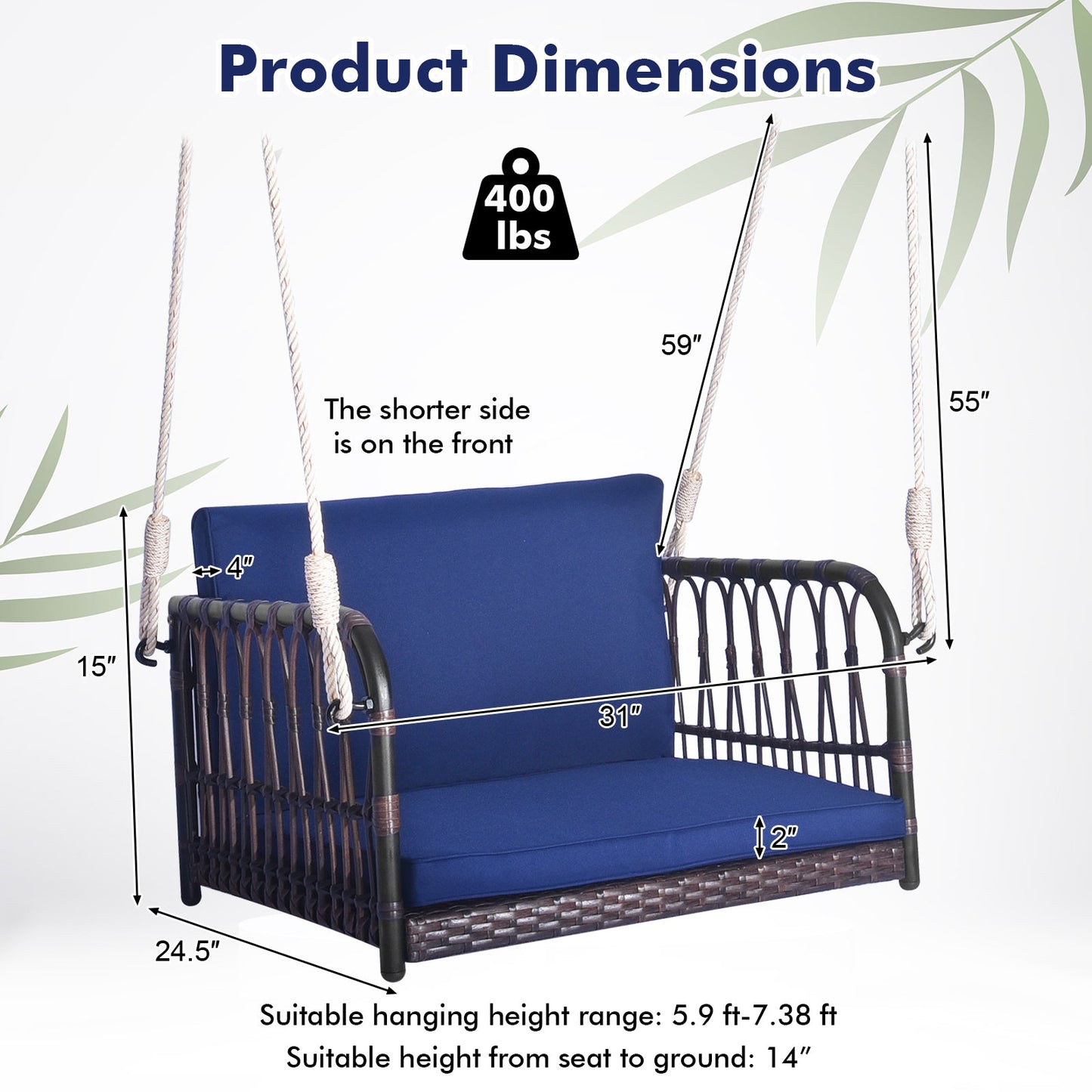 Asiento Colgante Individual con Cojines de Asiento y Respaldo - Azul Marino