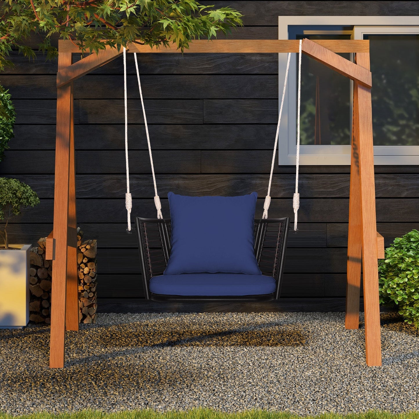 Asiento colgante individual con respaldo de ratán tejido para patio trasero - Azul