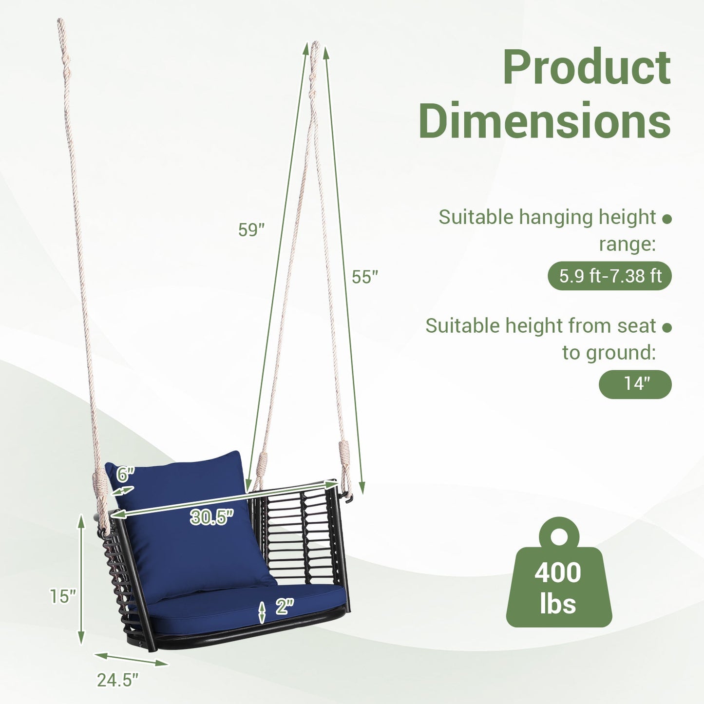Asiento colgante individual con respaldo de ratán tejido para patio trasero - Azul