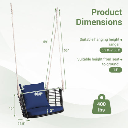 Asiento colgante individual con respaldo de ratán tejido para patio trasero - Azul