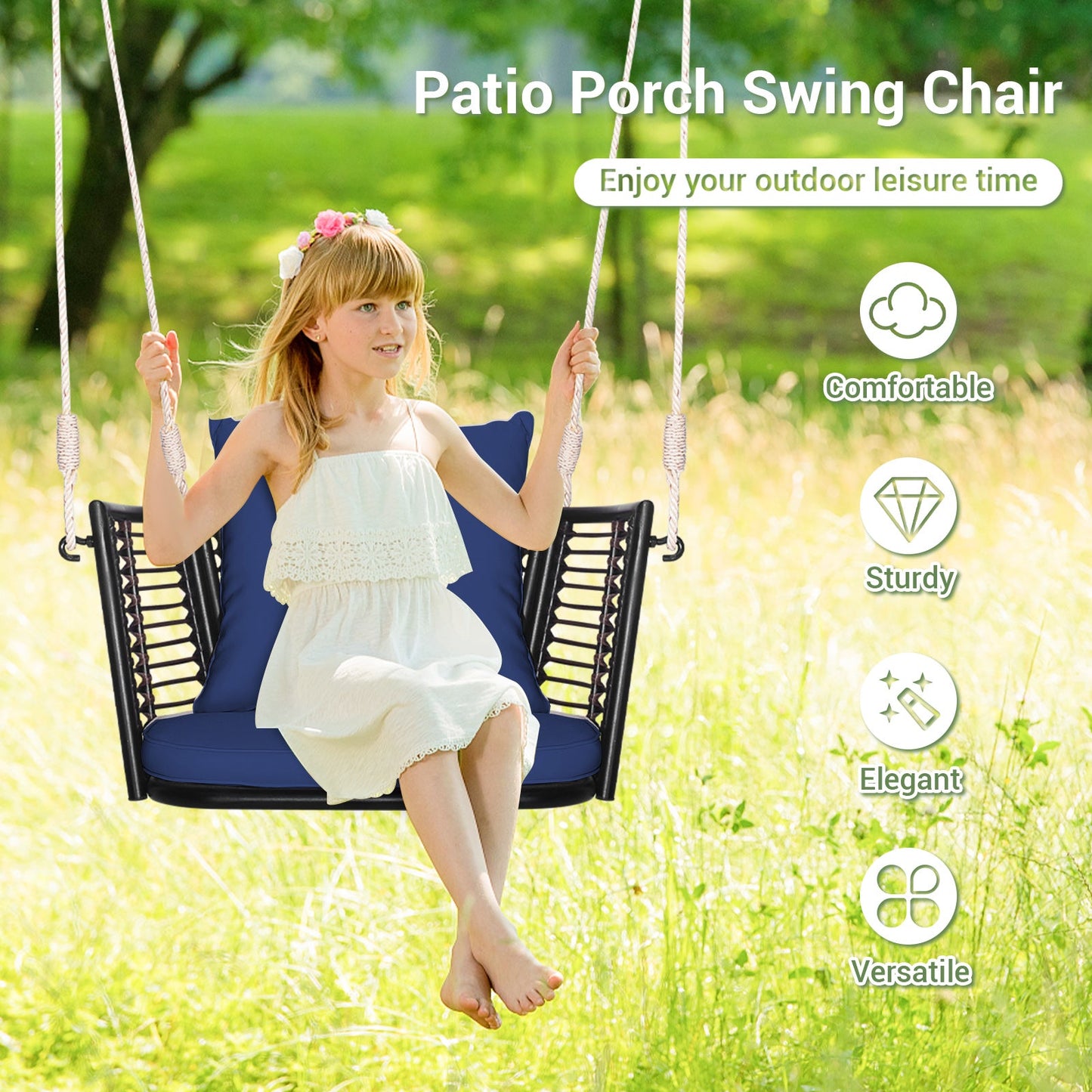 Asiento colgante individual con respaldo de ratán tejido para patio trasero - Azul