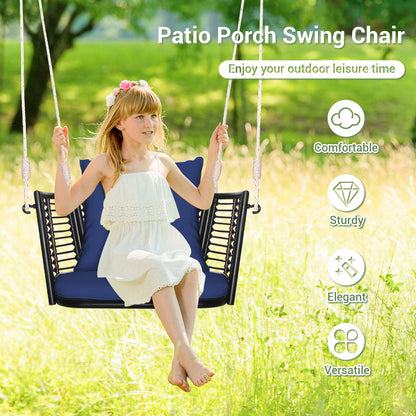 Asiento colgante individual con respaldo de ratán tejido para patio trasero - Azul