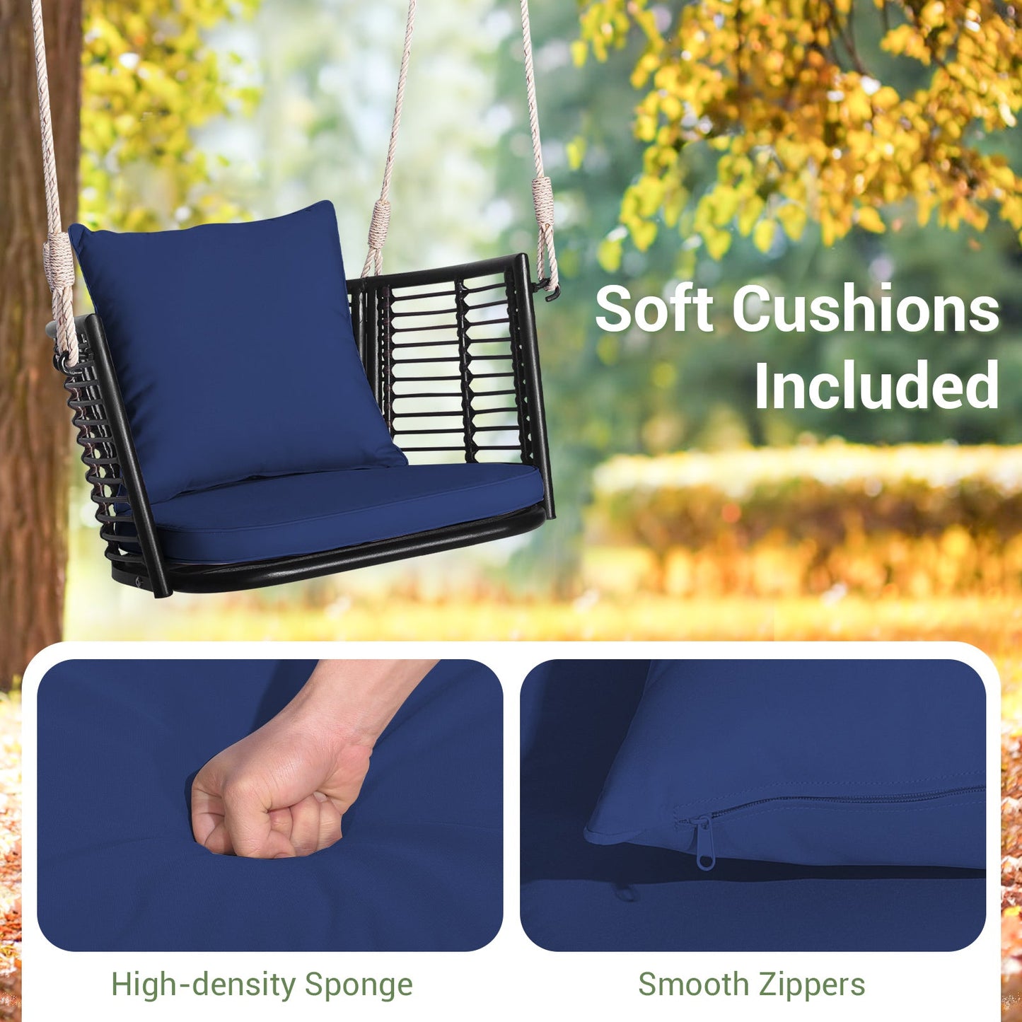 Asiento colgante individual con respaldo de ratán tejido para patio trasero - Azul