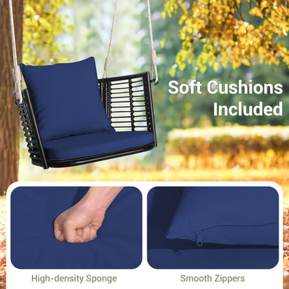 Asiento colgante individual con respaldo de ratán tejido para patio trasero - Azul