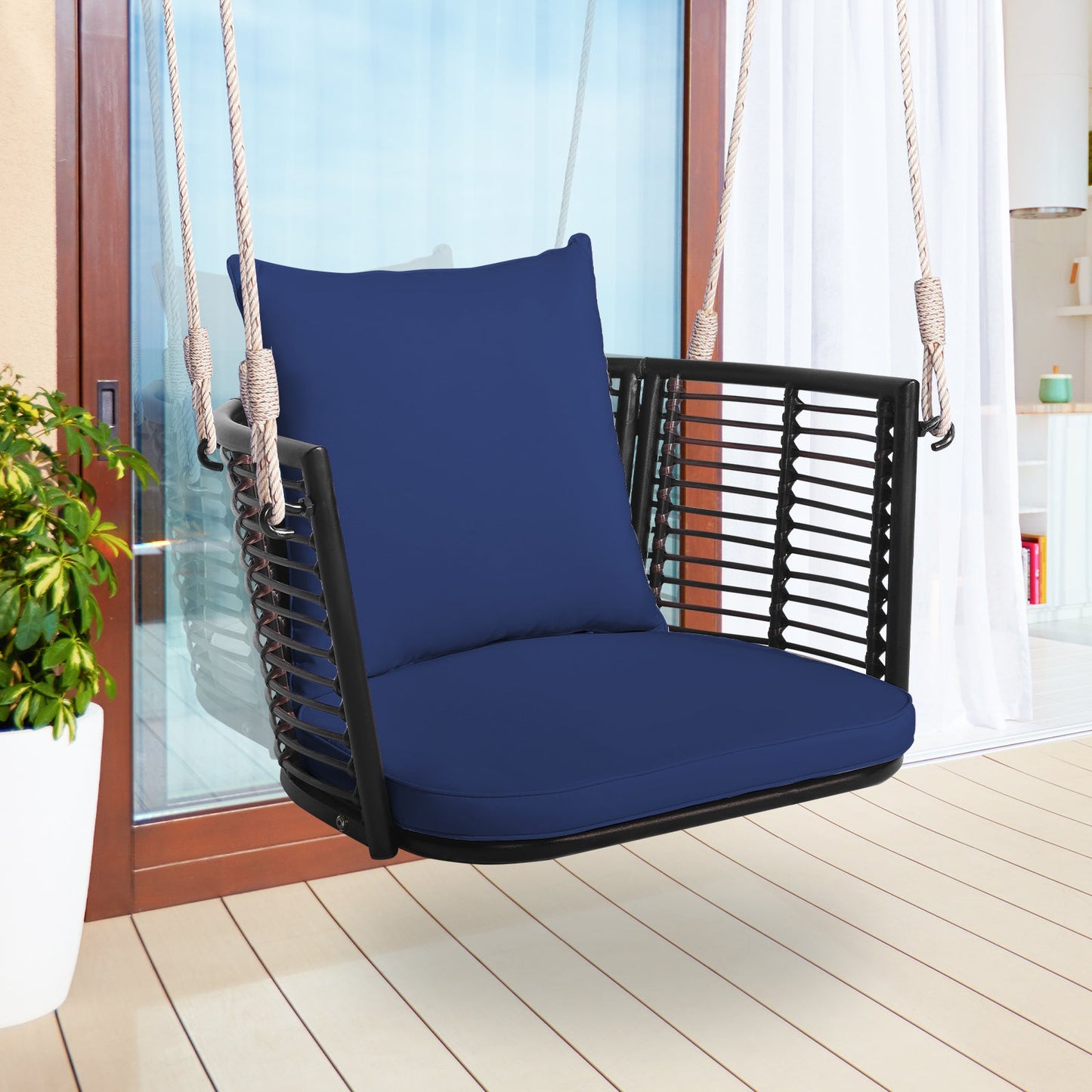 Asiento colgante individual con respaldo de ratán tejido para patio trasero - Azul