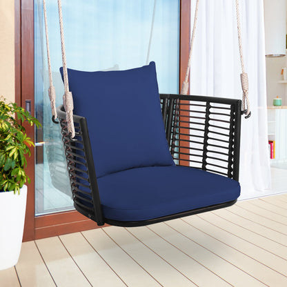 Asiento colgante individual con respaldo de ratán tejido para patio trasero - Azul