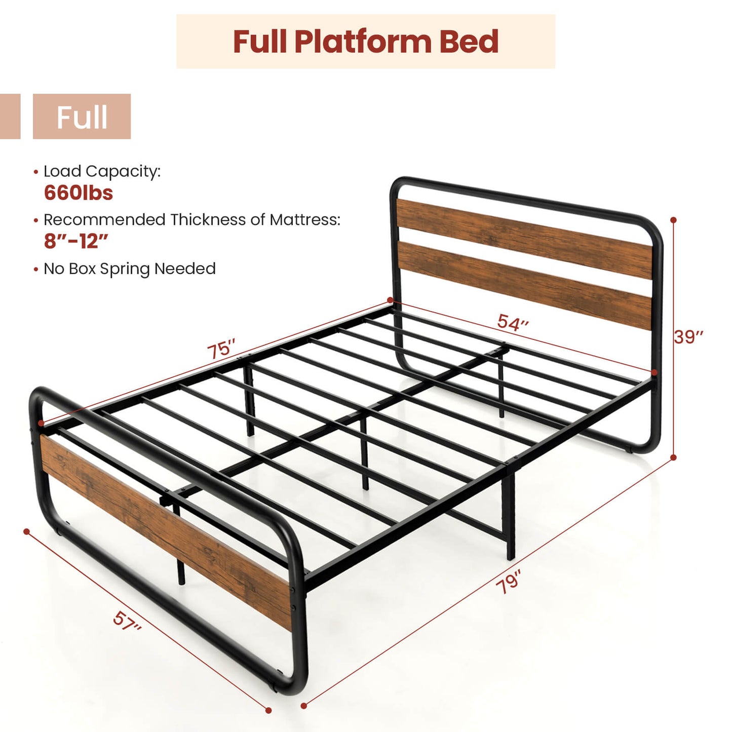Cama de Plataforma Arc con Cabecero y Piecero - Tamaño Matrimonial