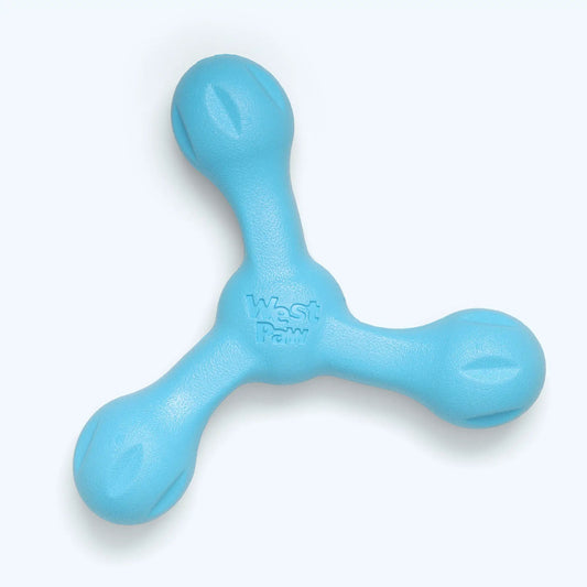 Skamp dog toy bone shape in bright blue with West Paw embossing, safe dog toy on Tampa Home & Garden Store