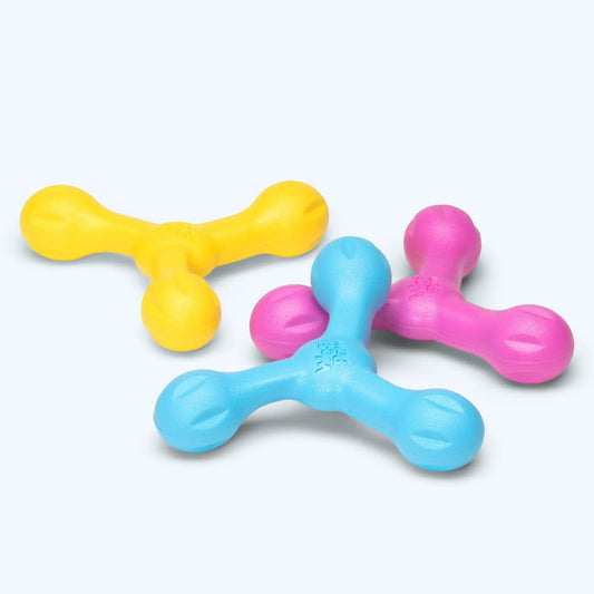 Skamp dog toy by West Paw Zogoflex Echo, floatable yellow bone with blue and pink balls on Tampa Home & Garden Store