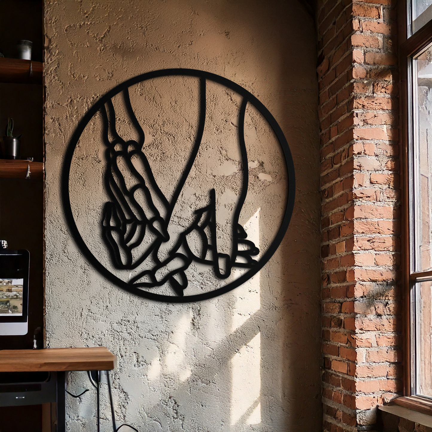 Skeleton and Human Hand Holding – Round Metal Wall Art- KAF628 - Tampa Home & Garden Store