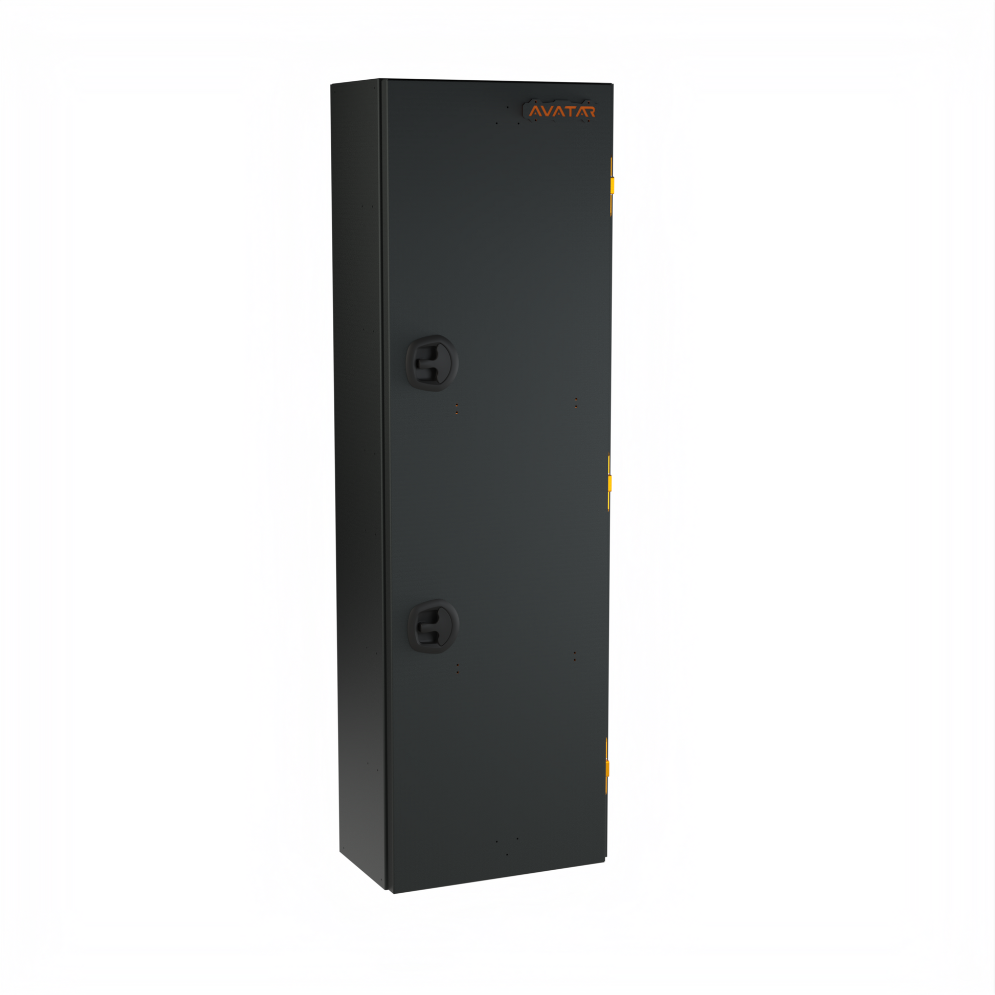 Avatar Ski 6 Storage Box black metal cabinet with orange Avatar logo and yellow side latch on Tampa Home & Garden Store