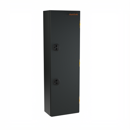 Avatar Ski 6 Storage Box black metal cabinet with orange Avatar logo and yellow side latch on Tampa Home & Garden Store