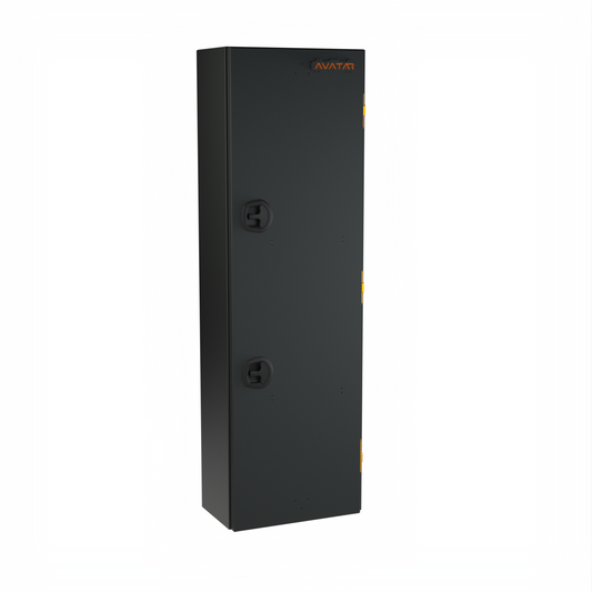 Avatar Ski 6 Storage Box black metal cabinet with orange Avatar logo and yellow side latch on Tampa Home & Garden Store