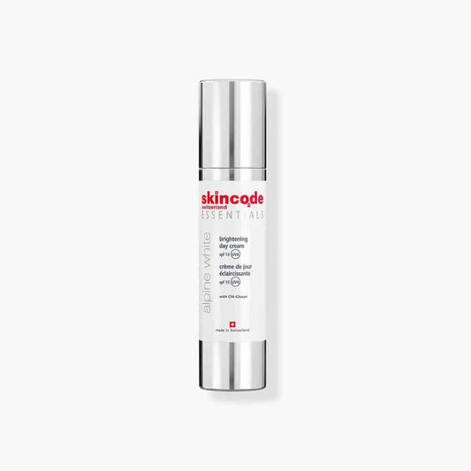 Skincode Essentials brightening day cream SPF 15 bottle, white with silver cap, 50 ml on Tampa Home & Garden Store