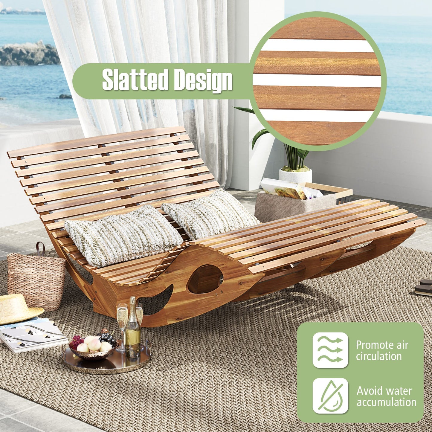 Slatted Acacia 2-Seat Patio Dual Rocker Sunbed Wood Lounger with Ergonomic Curved Seat