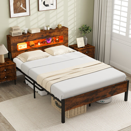 Slatted Full Bed Frame with LED Lights and Storage Headboard No Box Spring Needed-Full Size - Tampa Home & Garden Store