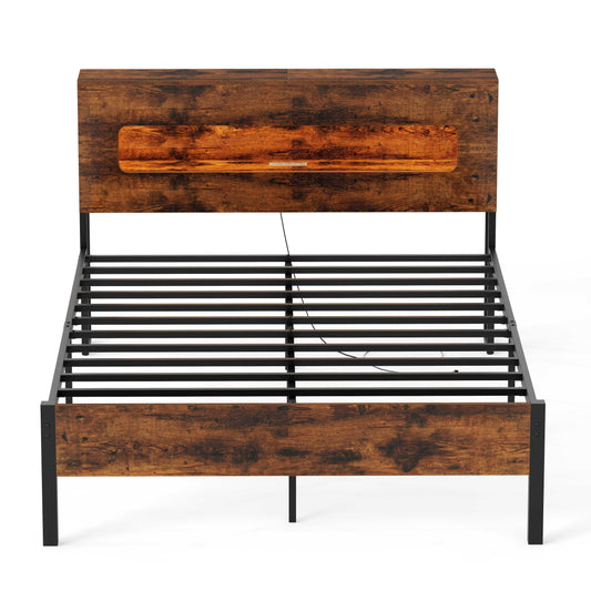 Slatted Full Bed Frame with LED Lights and Storage Headboard No Box Spring Needed-Full Size - Tampa Home & Garden Store