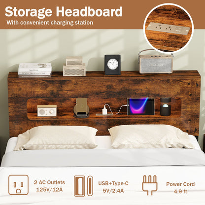 Slatted Full Bed Frame with LED Lights and Storage Headboard No Box Spring Needed-Full Size