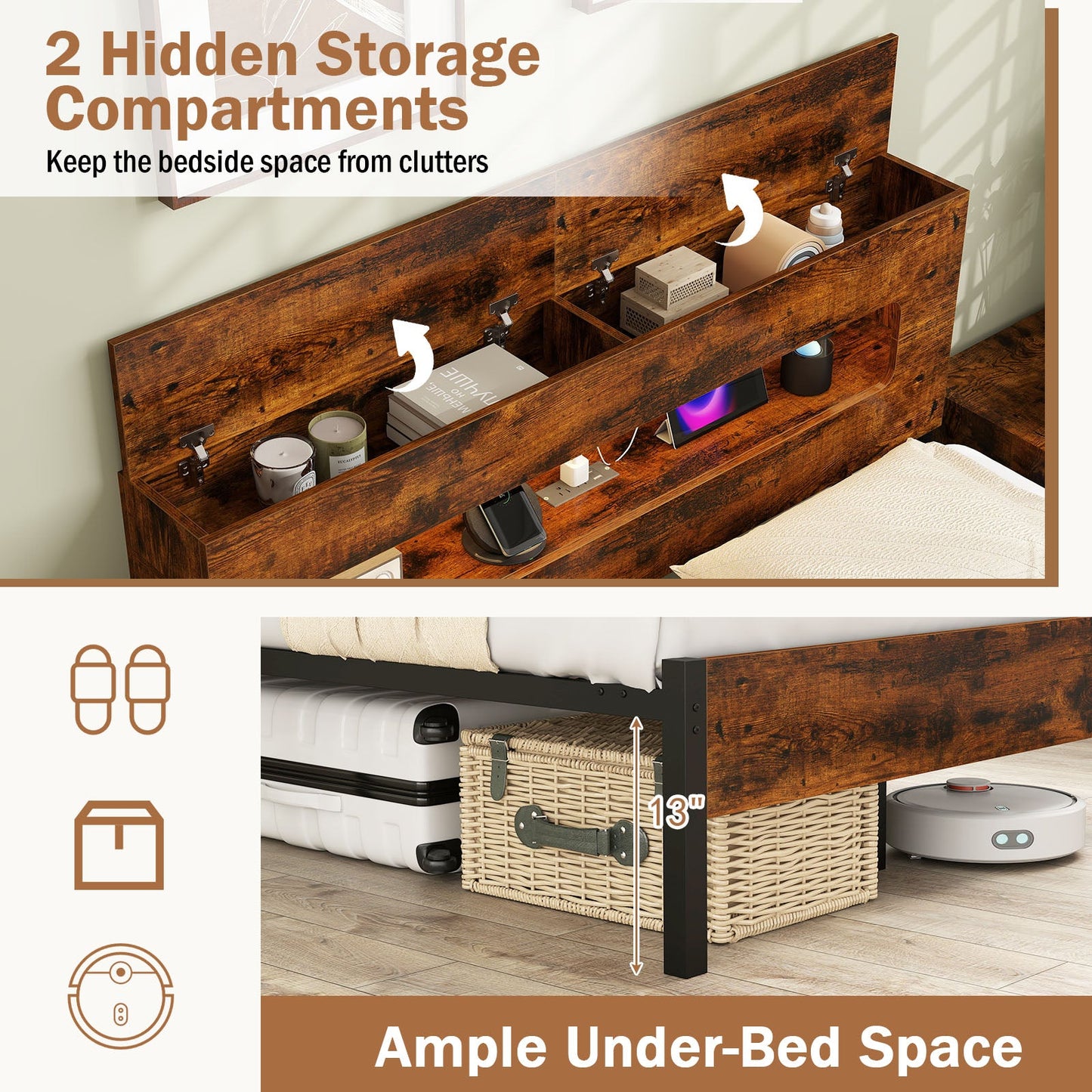 Slatted Full Bed Frame with LED Lights and Storage Headboard No Box Spring Needed-Full Size