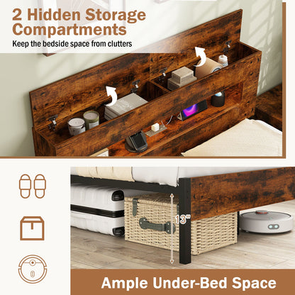 Slatted Full Bed Frame with LED Lights and Storage Headboard No Box Spring Needed-Full Size