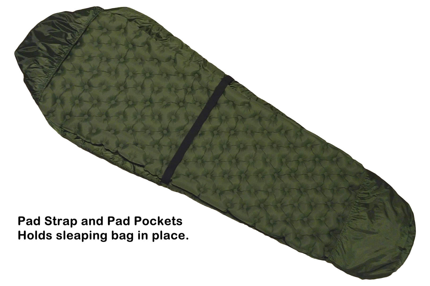 Sleeping Bag Sleeping Pad Pillow Combo Set River Country Gear, green quilted pad with strap on Tampa Home & Garden Store