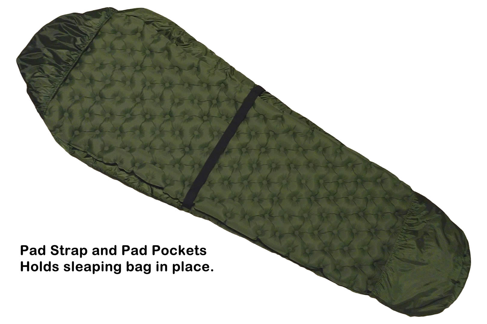 Sleeping Bag Sleeping Pad Pillow Combo Set River Country Gear, green quilted pad with strap on Tampa Home & Garden Store