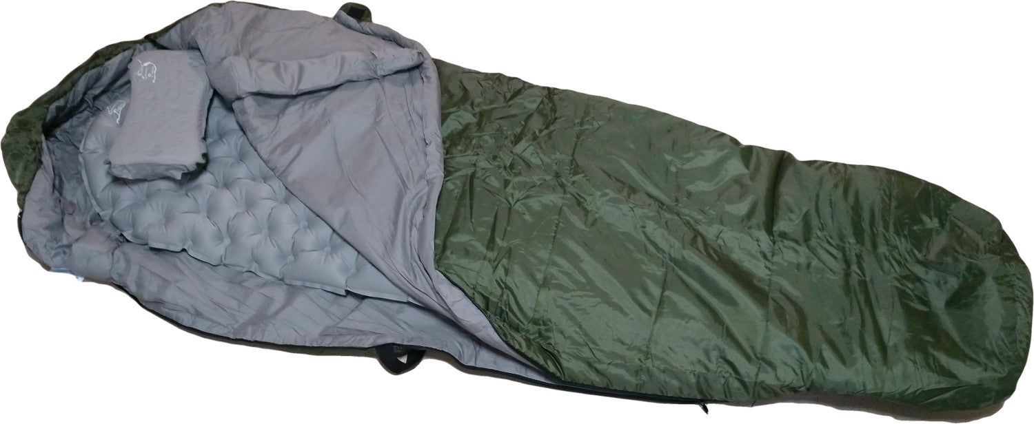Sleeping Bag River Country Gear, olive green exterior with gray quilted lining on Tampa Home & Garden Store