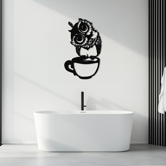 Sleepy Owl in Coffee Cup - Quirky Metal Wall Art for Coffee Lovers & Night Owls - KAF208 - Tampa Home & Garden Store