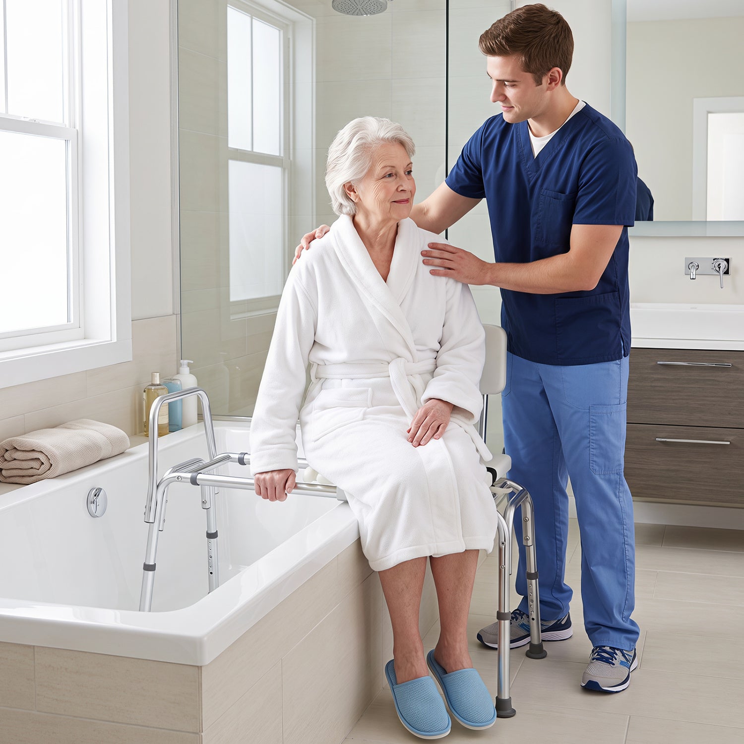 Sliding transfer bench with adjustable height for bathtub by DirectDeals; bath safety equipment on Tampa Home & Garden Store