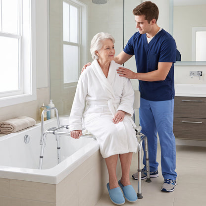 Sliding transfer bench with adjustable height for bathtub by DirectDeals; bath safety equipment on Tampa Home & Garden Store