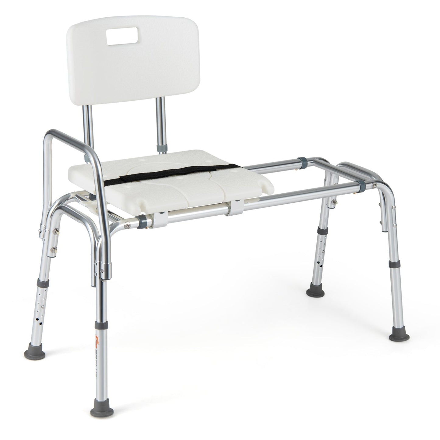 Sliding transfer bench DirectDeals; white seat and backrest, chrome frame, adjustable legs on Tampa Home & Garden Store