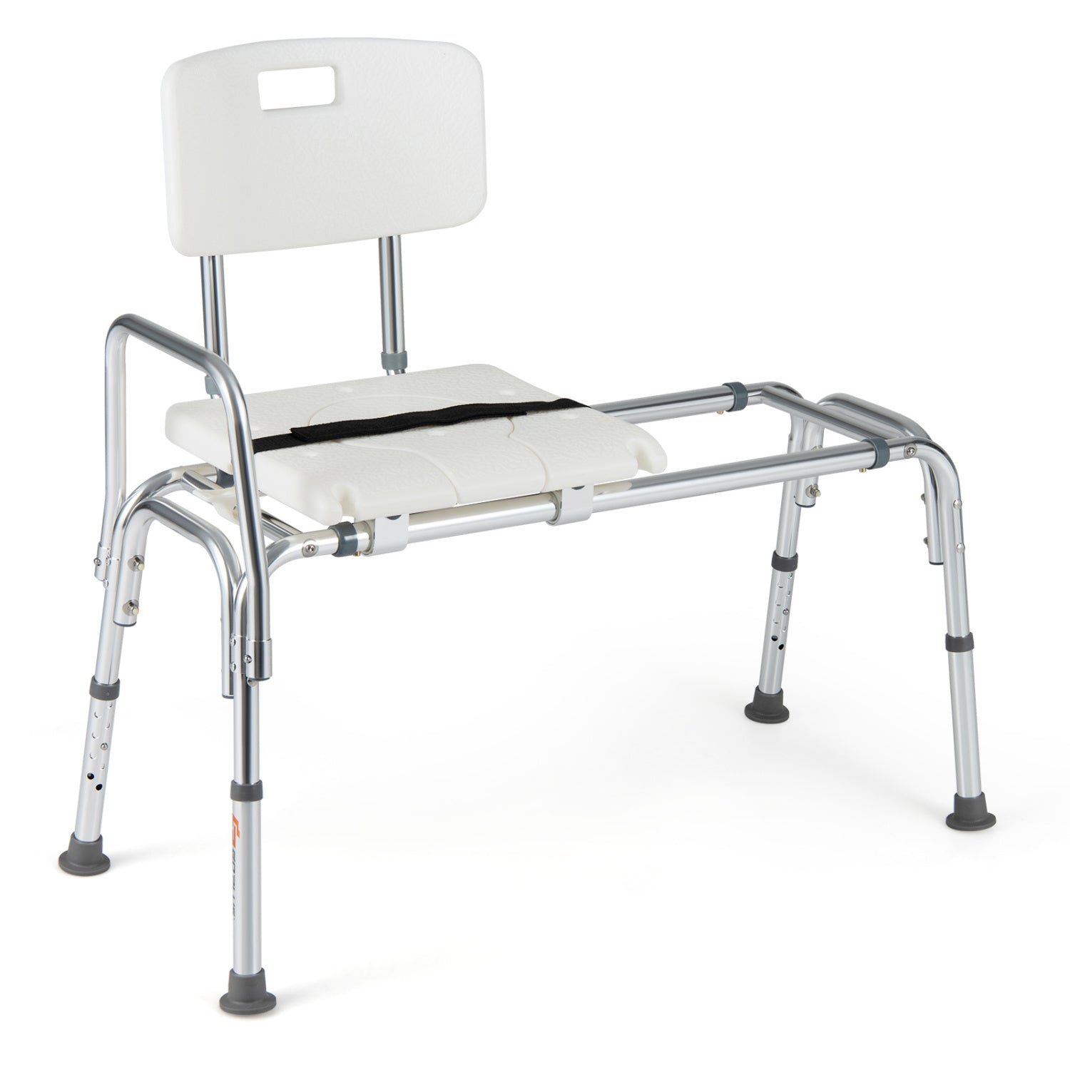Sliding transfer bench DirectDeals; white seat and backrest, chrome frame, adjustable legs on Tampa Home & Garden Store