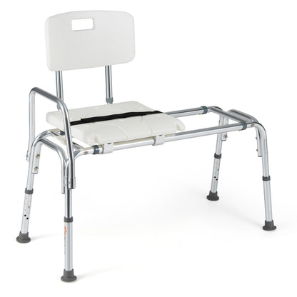 Sliding transfer bench DirectDeals; white seat and backrest, chrome frame, adjustable legs on Tampa Home & Garden Store