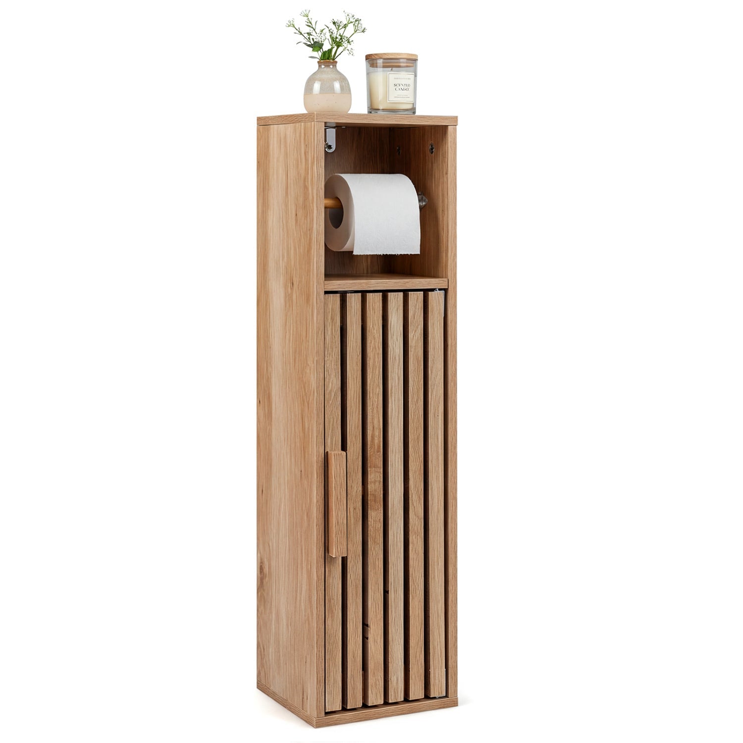 Slim freestanding wooden bathroom cabinet with toilet paper holder and door, natural finish on Tampa Home & Garden Store