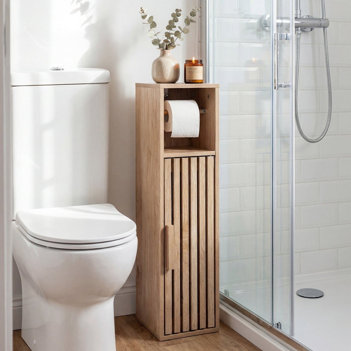 DirectDeals Slim freestanding bathroom cabinet with door and toilet paper holder in natural wood on Tampa Home & Garden Store