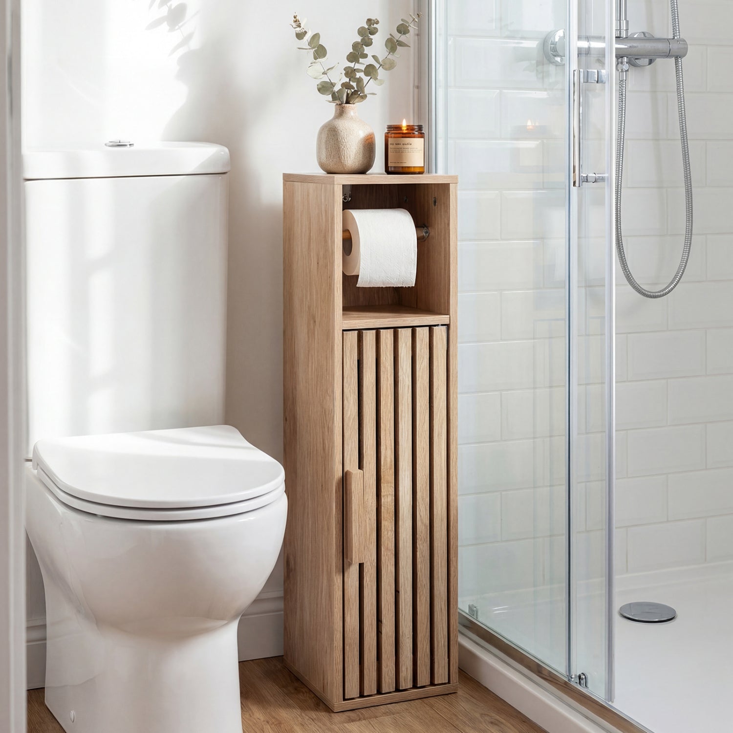 DirectDeals Slim freestanding bathroom cabinet with door and toilet paper holder in natural wood on Tampa Home & Garden Store