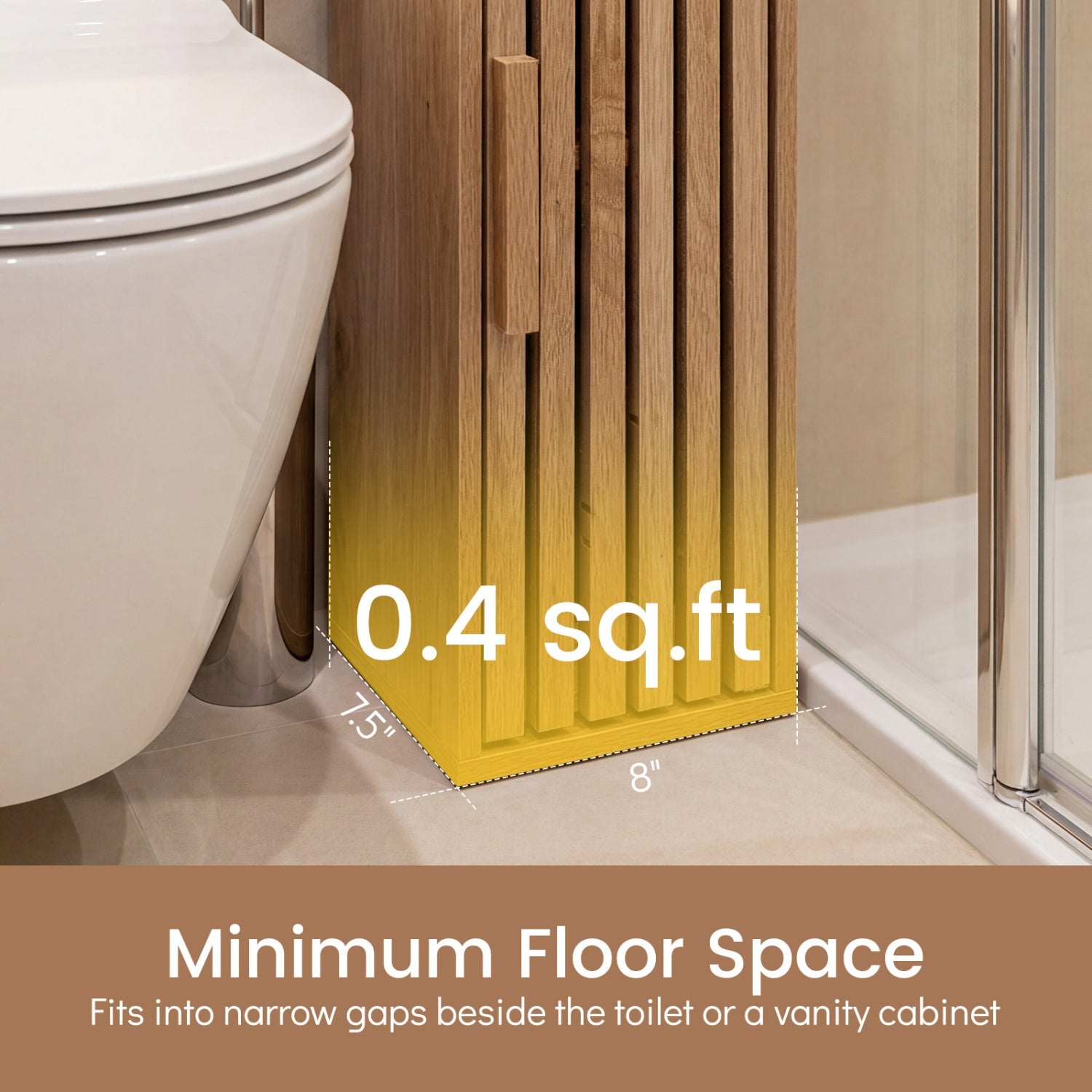 Slim freestanding bathroom cabinet with door, vertical wood slat front beside toilet for toilet paper storage on Tampa Home & Garden Store