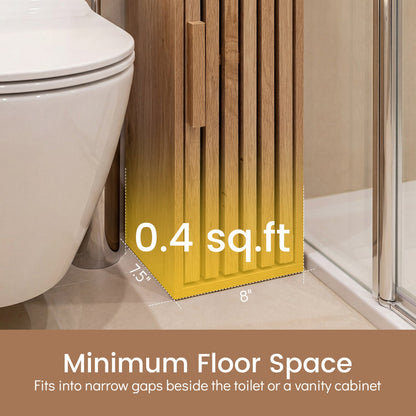 Slim freestanding bathroom cabinet with door, vertical wood slat front beside toilet for toilet paper storage on Tampa Home & Garden Store