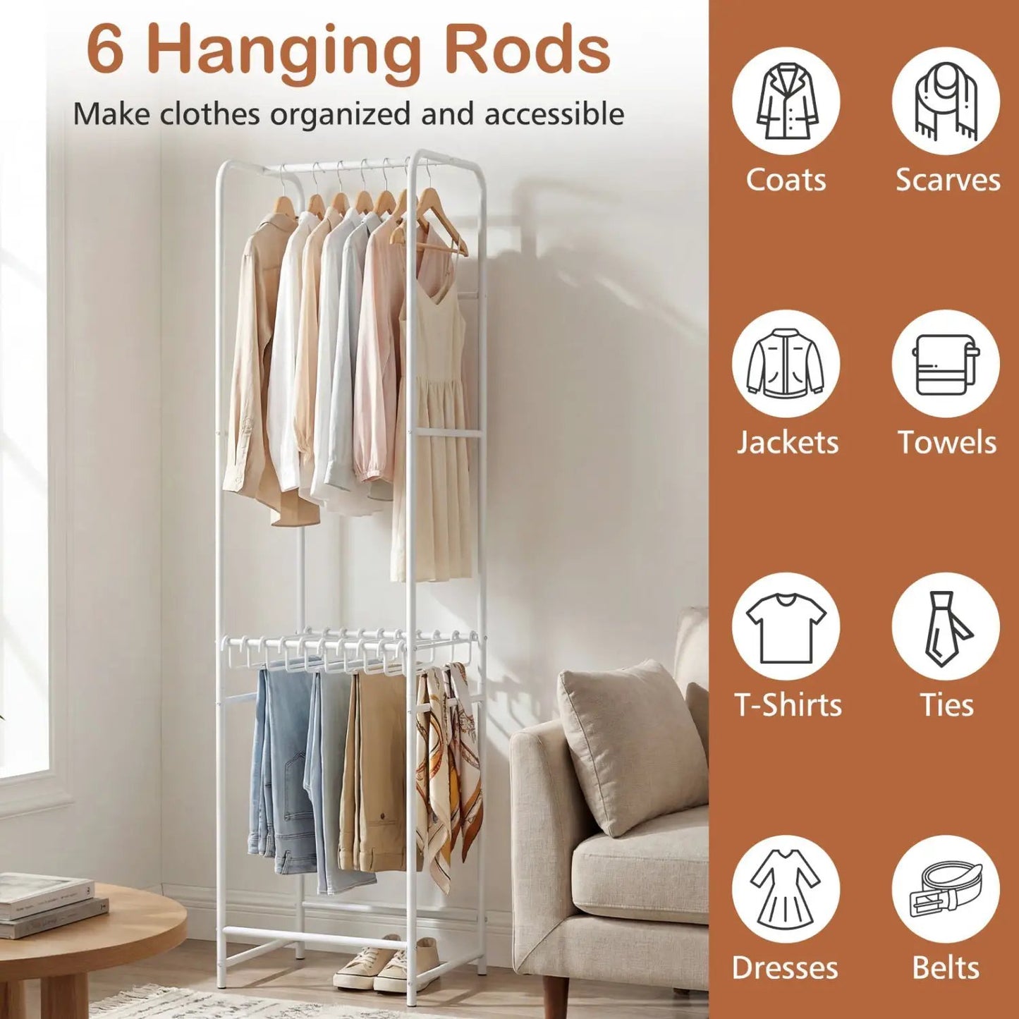 Freestanding Coat Rack With Eight Hanging Rods