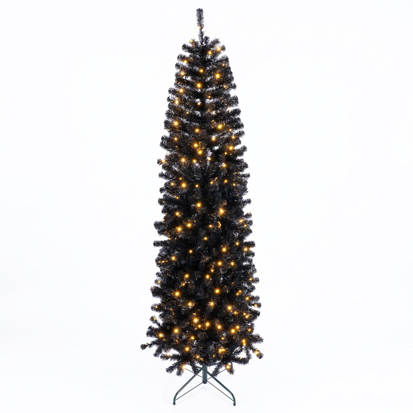7-8 ft slim black pencil Christmas tree with warm white LED lights on a metal stand on Tampa Home & Garden Store