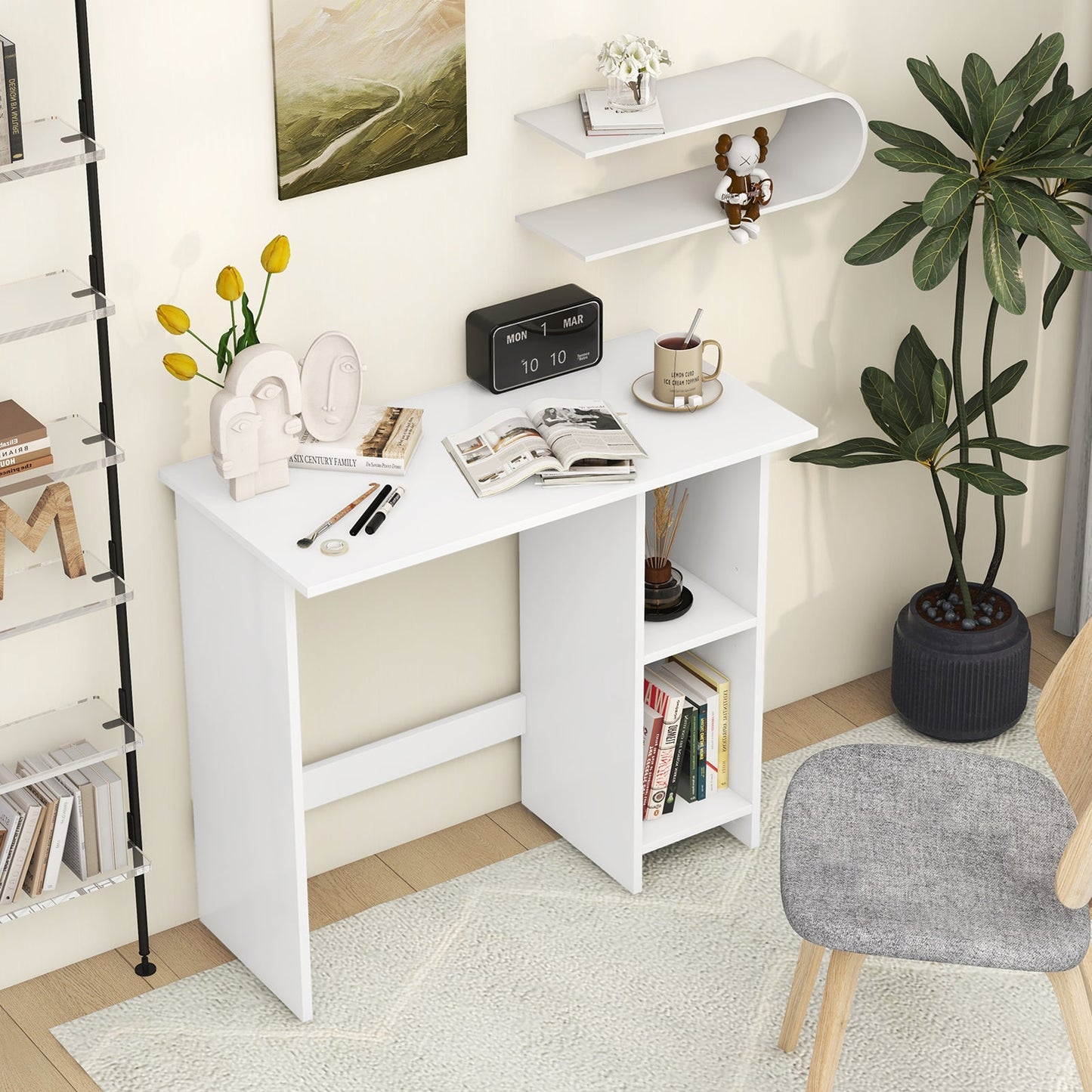 Escritorio Pequeño para Computadora con Almacenamiento y Estante Ajustable - Blanco