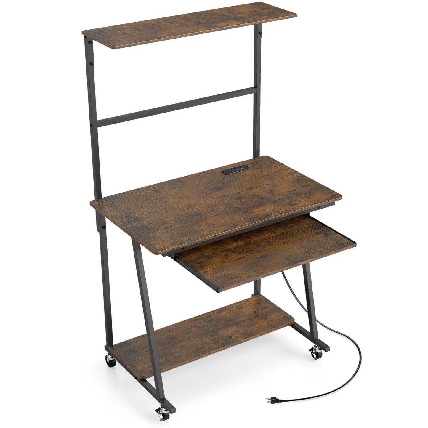 Small Computer Desk with Charging Station and LED Lights and Wheels