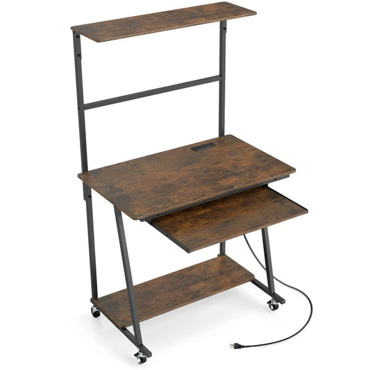 Small computer desk with charging station, LED lights, and wheels in dark wood on Tampa Home & Garden Store