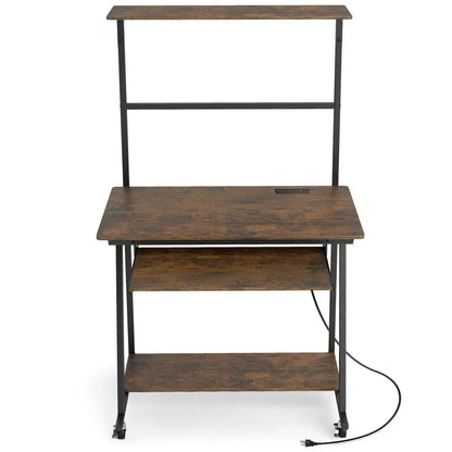 Small Computer Desk with Charging Station and LED Lights and Wheels