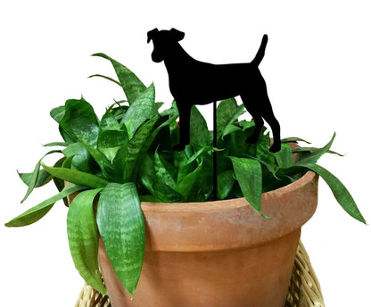 Smooth Fox Terrier Plant Stake, black metal silhouette on terracotta pot Rustica Ornamentals on Tampa Home & Garden Store